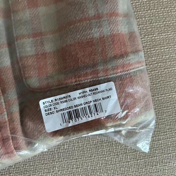 NWT R13 Shredded Seam Flannel Drop Neck Shirt Washed-Out Red/Khaki Plaid XLarge - Picture 10 of 15